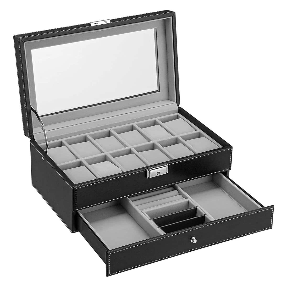 MAFA Coffret à Montres Boite de rangement pour 12 montres et Bracelets avec vitre et tiroir MDF Matériau