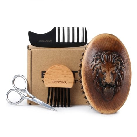 Ensemble de soins pour barbe et moustache, brosse à poils de sanglier et peigne en bois.