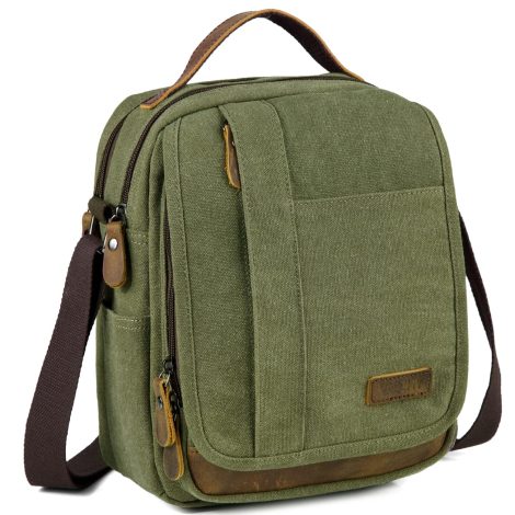 Sac à bandoulière pour homme Vaschy, sac à main unisexe rétro en toile et cuir résistant à l’eau, multiples poches, idéal pour l’école, les voyages et les affaires – couleur vert armée.