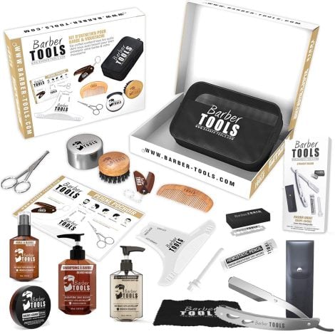 Coffret d’entretien et de soin complet pour barbe et rasage, avec produits de barbier français.