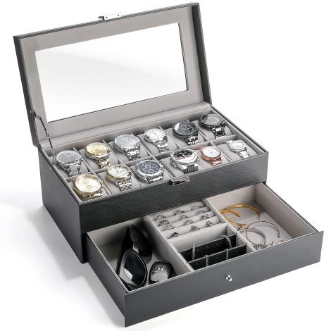 Boîte de rangement pour montres et bijoux avec couvercle en verre, 12 compartiments et tiroir – Noir.