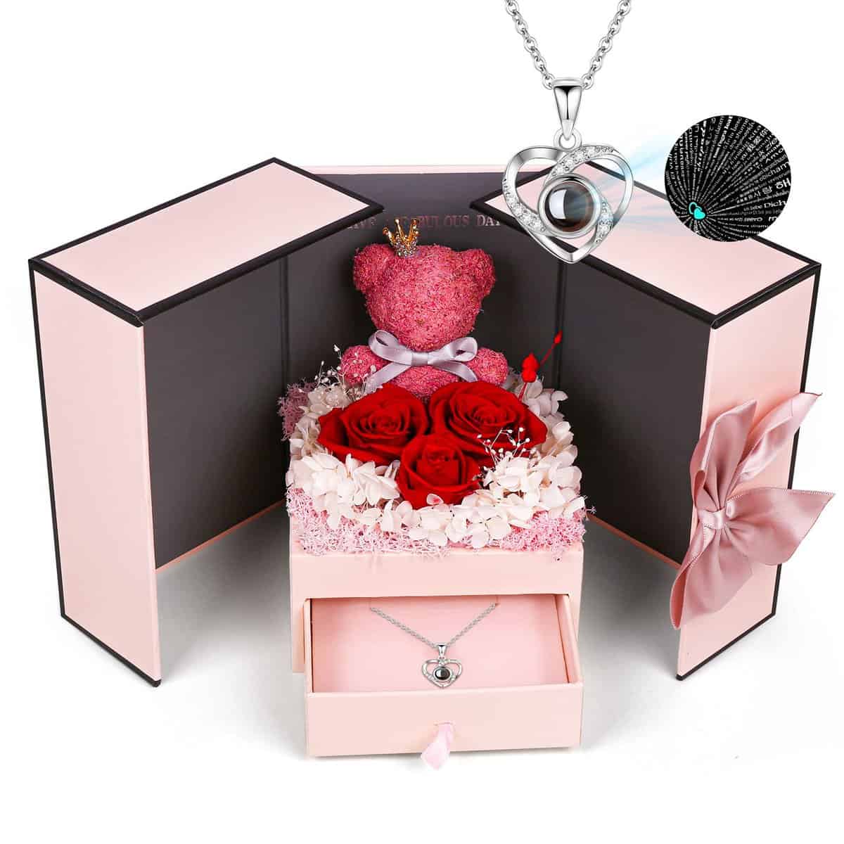 Roses conservées avec Collier Je t'aime Boîte de Roses éternellesCadeau d'anniversaire pour Les Femmes Petite Amie Cadeau d'anniversaire pour Vous Anniversaire, Saint-Valentin, Noël, Fête des mères