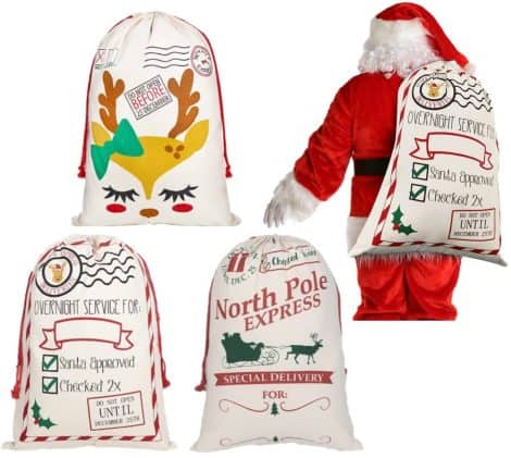 Lot de 3 sacs cadeaux de Noël en toile avec cordon rouge – Express, très grand format 70 x 50 cm.