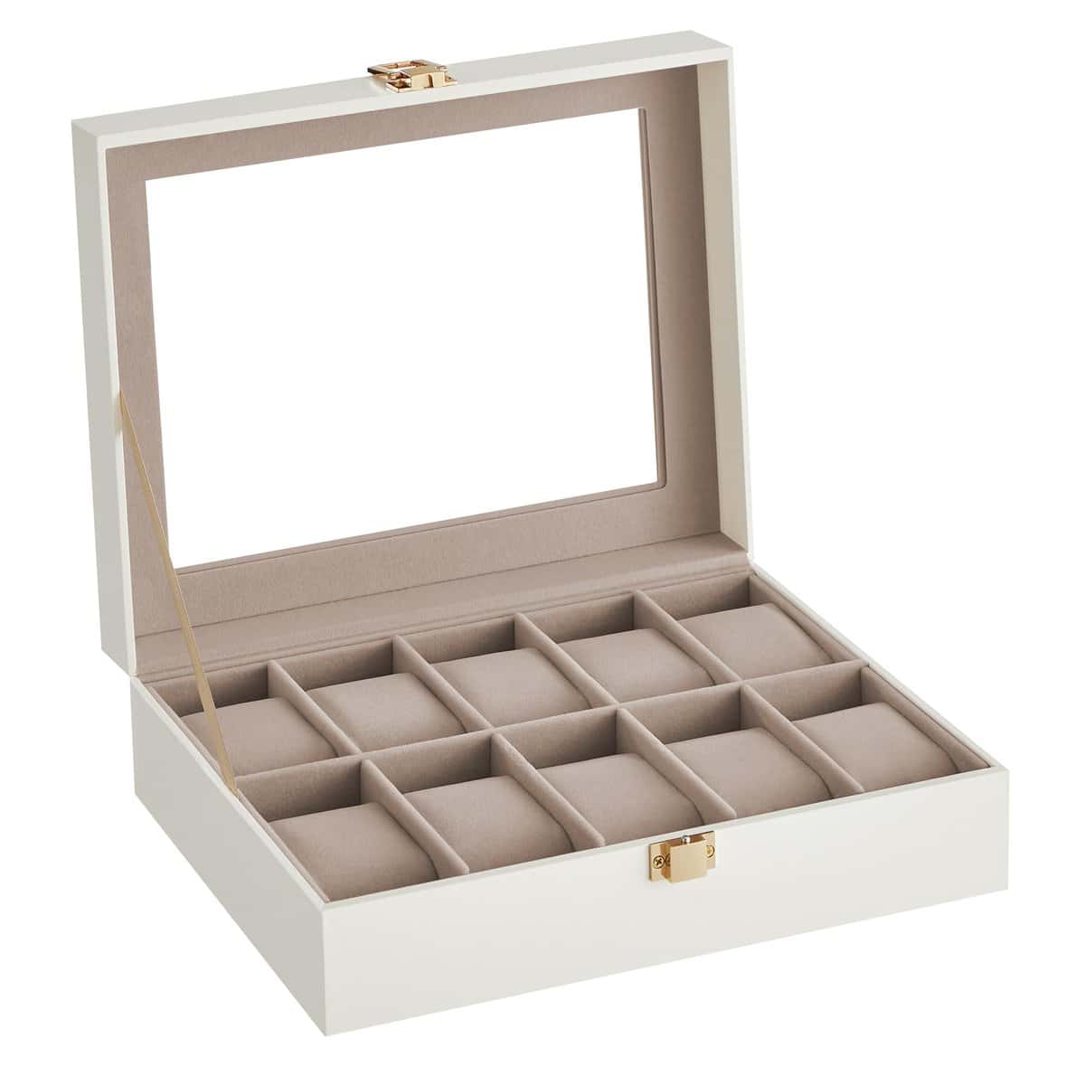 SONGMICS Boîte à Montres à 10 Emplacements, Coffret à Montres, Écrin, Couvercle en Verre, Coussinets Amovibles, Serrure en Métal, Revêtement en Blanc Nuage et Doublure en Beige Cappuccino JWB010W01