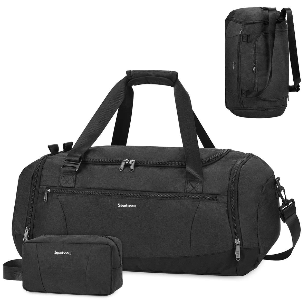 sportsnew Sac à Dos de Gym Sport Homme Femme Weekend Fitness Grand Bandoulière Réglable avec Compartiments à Chaussures et Humides Travel Bag Manchon de Chariot avec Trousse de Toilette, Noir