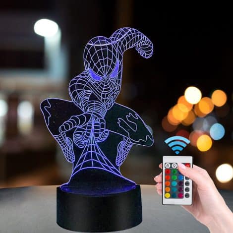 Lampe 3D Spiderman, veilleuse art avec 16 couleurs, bouton tactile et télécommande pour tous.