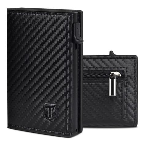 Porte-cartes de crédit magnétique en fibre de carbone TEEHON avec protection RFID, poche à monnaie. Cadeau pour homme noir.