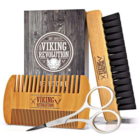 Vikings Révolution – Brosse à barbe en poils de sanglier et peigne en bois pour homme, avec pochette de voyage en velours.