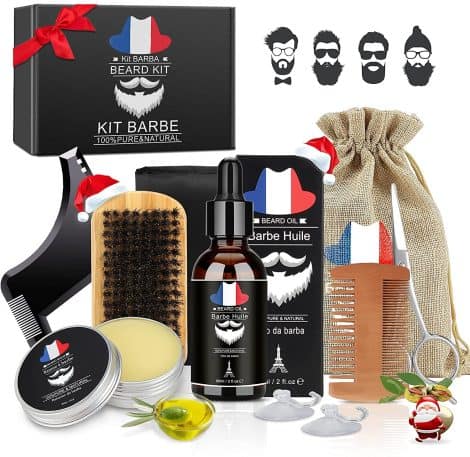 Kit de soin ultime pour barbe avec 9 pièces: huile naturelle, baume, peigne, ciseaux, brosse, peigne et tablier de rasage.