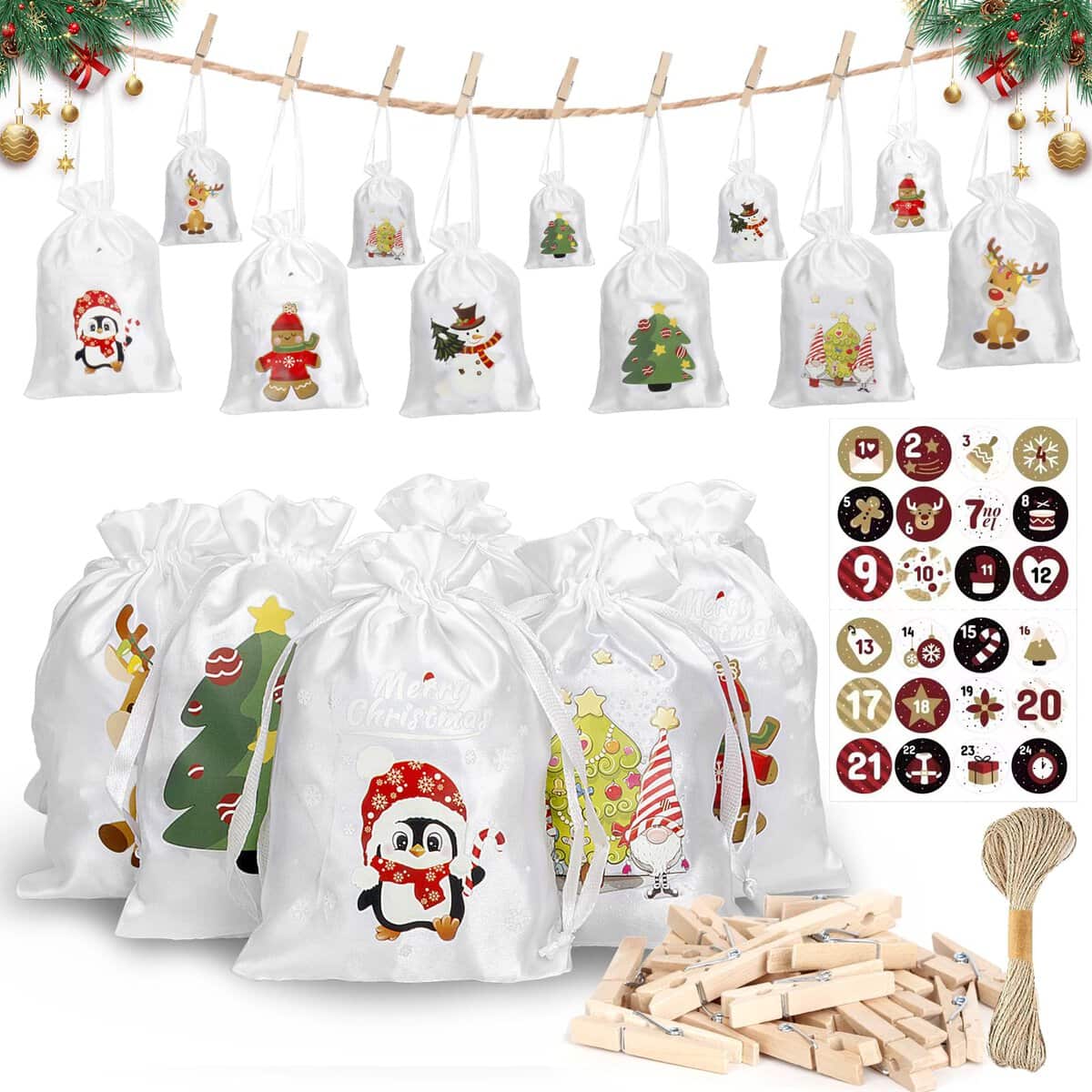 Calendrier de l'Avent,FOKUNCY Calendrier Avent a Remplir,Sac Calendrier de l'avent Noel avec 1-24 Autocollants pour DIY Pochon Calendrier Noël Décorations