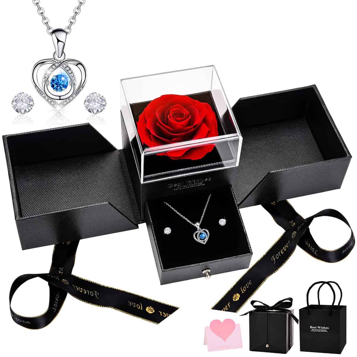 UUEMB Rose Éternelle, Roses Préservé avec Collier Coeur et Boucles d'Oreilles, Main Coffret Cadeau Bijoux Saint Valentin Fête des Mères Anniversaire Cadeaux d'anniversaire pour Femme Maman