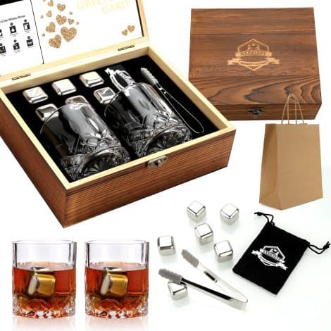 Ensemble de Pierres à Whisky Verre Froides dans Boîte en Bois Cadeau pour Papa, Mari, Homme.