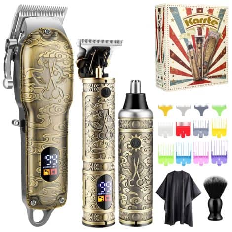 Ensemble de soins capillaires pour hommes avec tondeuse professionnelle, accessoires de barbier et affichage LED, idéal en cadeau. (15 words)