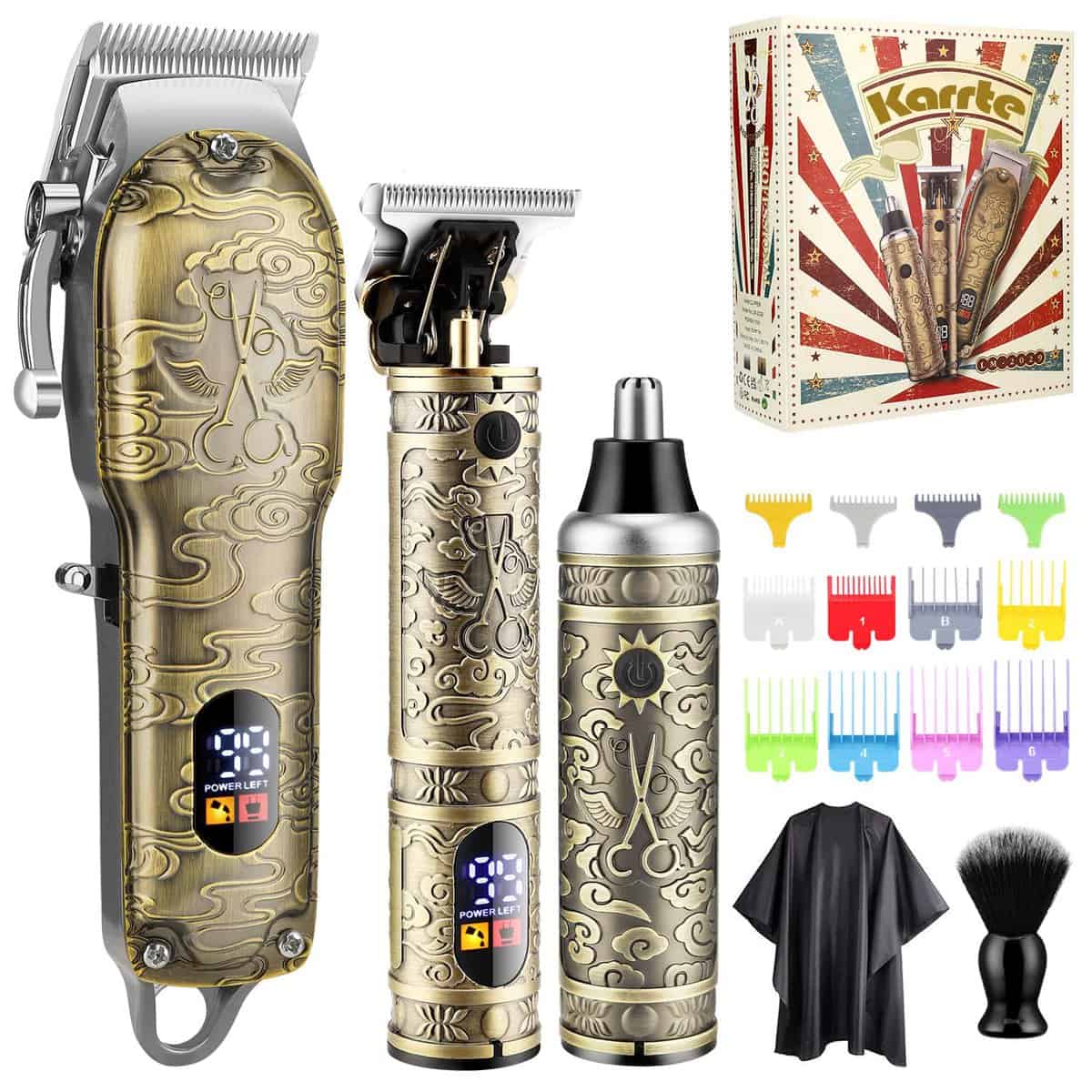 Karrte Kit de tondeuse à cheveux pour homme, tondeuse professionnelle pour barbier, tondeuse à cheveux, oreilles et nez, accessoires de barbier avec affichage LED, cadeau pour homme, bronze