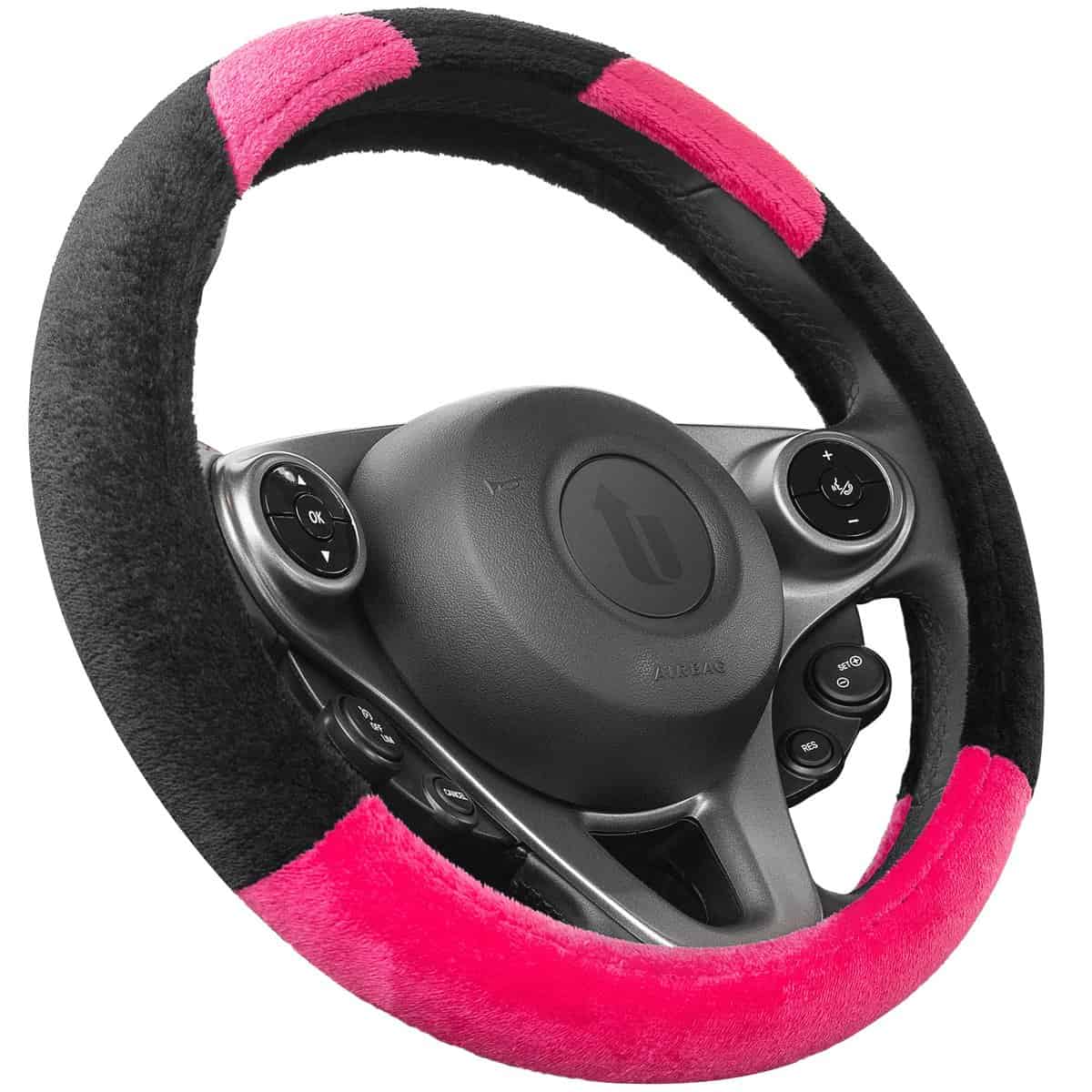 Upgrade4cars Couvre Volant Voiture Peluche Rose Noir | Accessoires Auto Interieur | Housse Taille Universel 37-39 cm | Cadeaux pour Femmes et Hommes | Decoration pour l'été et l'hiver