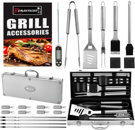 Ensemble de barbecue en acier inoxydable résistant Romanticist de 21 pièces – Accessoires pour barbecue avec étui en aluminium – Cadeau idéal pour hommes et femmes.