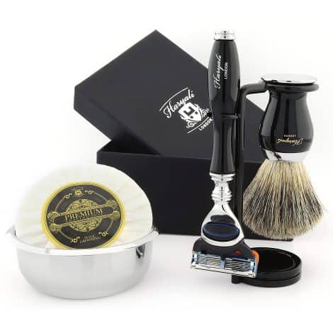 Ensemble de rasage pour homme Haryali London comprenant un rasoir à 5 lames, un blaireau, un support, un savon et un bol.