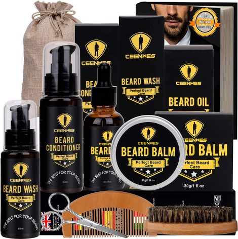 Ensemble de soin pour barbe masculin avec huile à barbe, baume à barbe et accessoires.