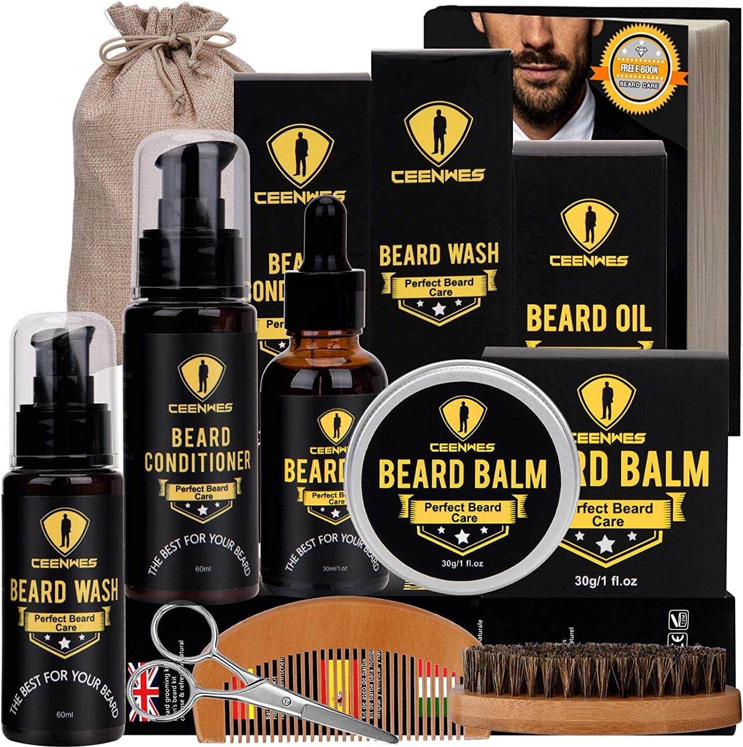 Kit Barbe Homme avec Bartöl Kit Soin Barbe Homme avec Bartbalsam, Coffret Cadeau Homme mit Bartwäsche, Bartbürste, Bartkamm, Schnurrbart Schere