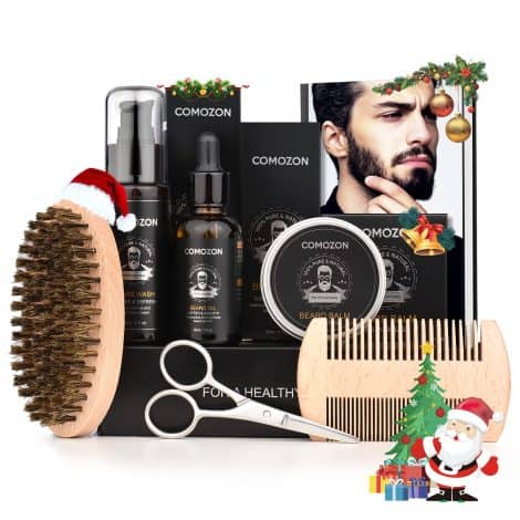 Coffret de soin complet pour barbe comprenant shampoing, huile, crèmes, peigne, brosse, ciseaux. Idéal pour homme.