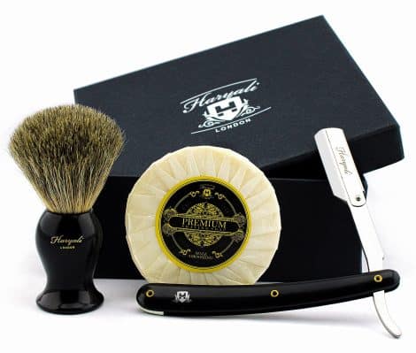 Coffret Rasage Haryali London – 3 Accessoires – Rasoir Coupe-Choux – Blaireau Poil SuperBlaireau – Savon – Coffret Cadeau Noir