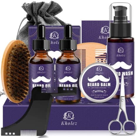 Ensemble barbe homme KHOLEZ, soins complets pour barbe : shampoing, huile, baume, accessoires, cadeau parfait.