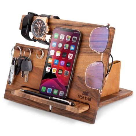 Support de téléphone en bois avec crochets, idéal pour bureau. Cadeau de Noël pour homme et femme.