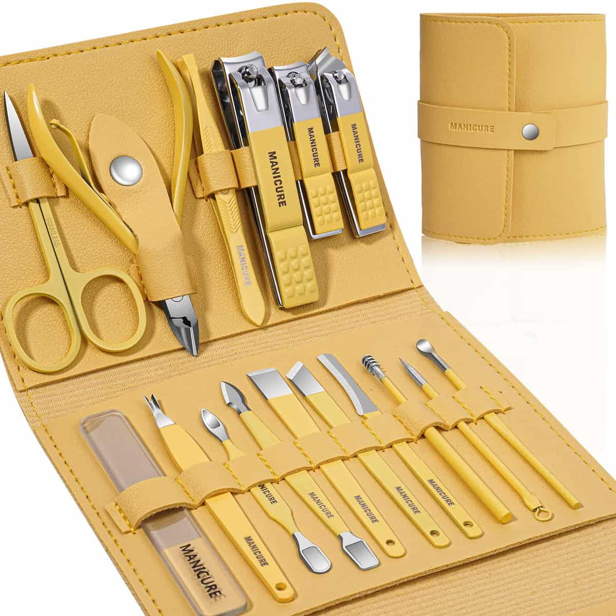 Leipple Set de manucure 16 pièces Set Coupe-ongles Kit de pédicure en acier inoxydable, kit de toilettage professionnel avec étui en cuir portable, pour femmes hommes cadeau ongles (jaune)