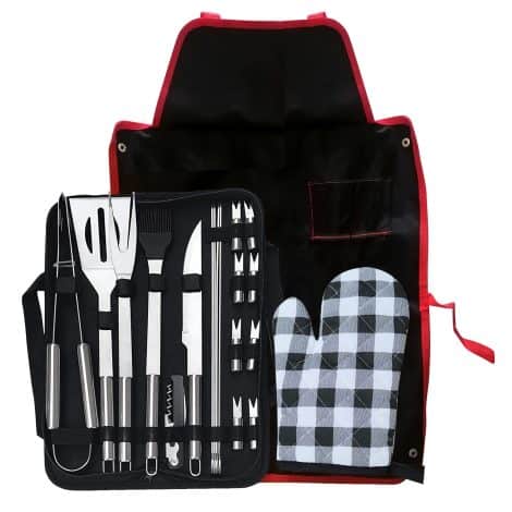 Kit complet de barbecue en acier inoxydable : 20 pièces, tablier et gants inclus. Parfait pour hommes, anniversaires.