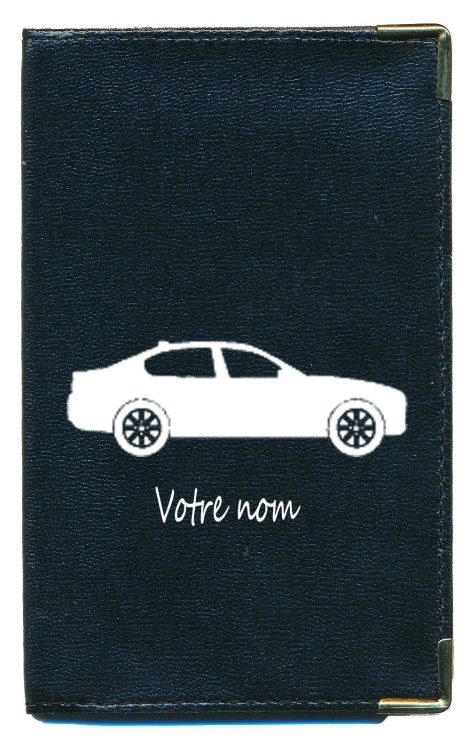 Porte Carte Grise et Papier de Voiture Syl’la en Simili Noir (Voiture personnalisée avec prénom).