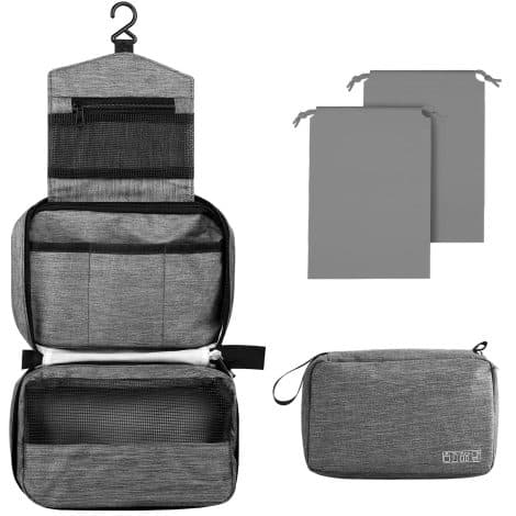 Trousse de toilette voyage en gris avec grand espace, crochet et poignée, pour homme et femme.