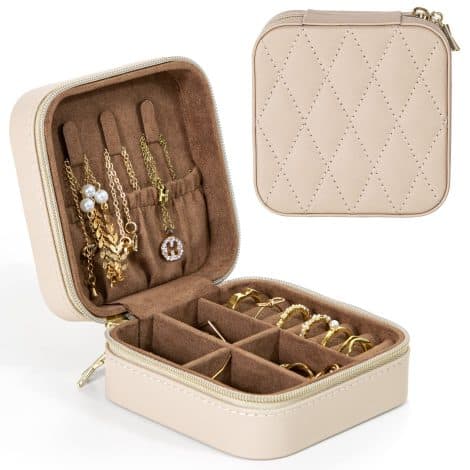 Petites boîtes à bijoux de voyage pour femme en cuir synthétique (beige). Idéales pour accessoires féminins.