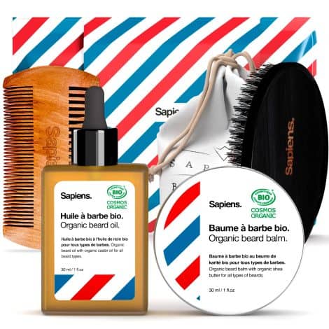 Kit de soins pour barbe Sapiens – Produits naturels français : huile et baume bio, brosse et peigne, pochette cadeau.