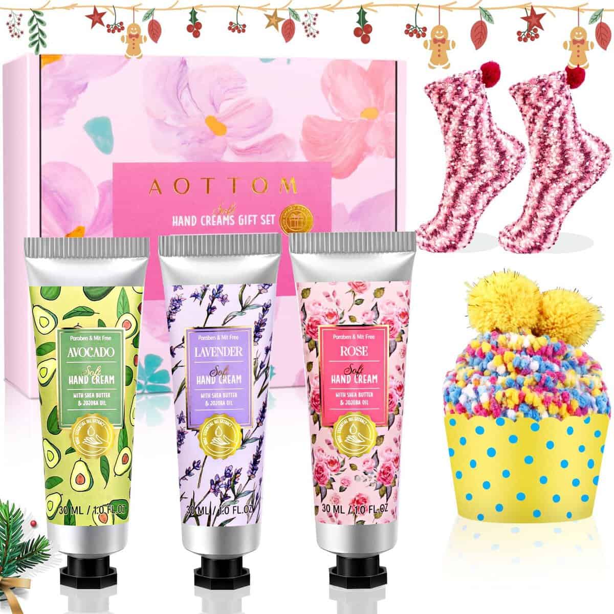 Coffret Cadeau pour Femmes,Crème Mains Réparatrices 3 x 30ml et 2 paires de chaussettes Coffret Cadeau de Noël pour petite amie, maman, anniversaire, anniversaire, Saint-Valentin