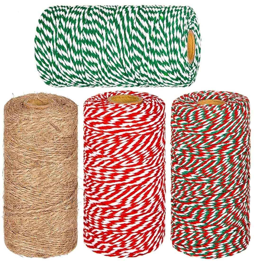 LATERN 4Pcs Cordes De Jute De Noël Et Ficelle De Coton Rouleaux, 1312 Pieds Rouge Blanc Vert Ficelle De Coton Et Jute Envelopper La Corde De La Corde pour Noël Bricolage Artisanat Cadeaux