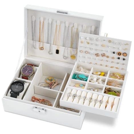 Boîte à bijoux E-MANIS verrouillable en cuir imperméable avec 2 couches pour ranger bijoux, bagues, colliers, montres. (Blanc)