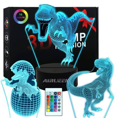 Lampe 3D LED Dinosaure AIRUEEK : 16 couleurs, 3 modes, télécommande et base inclus. Parfait pour la chambre d’enfant !