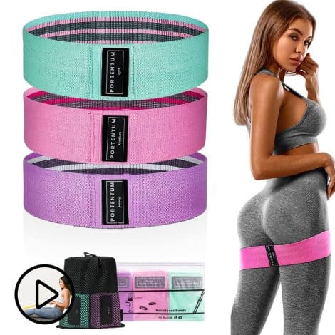 Pack de 3 bandes élastiques antidérapantes PORTENTUM pour musculation, crossfit, yoga, fessiers et plus, avec sac de rangement.