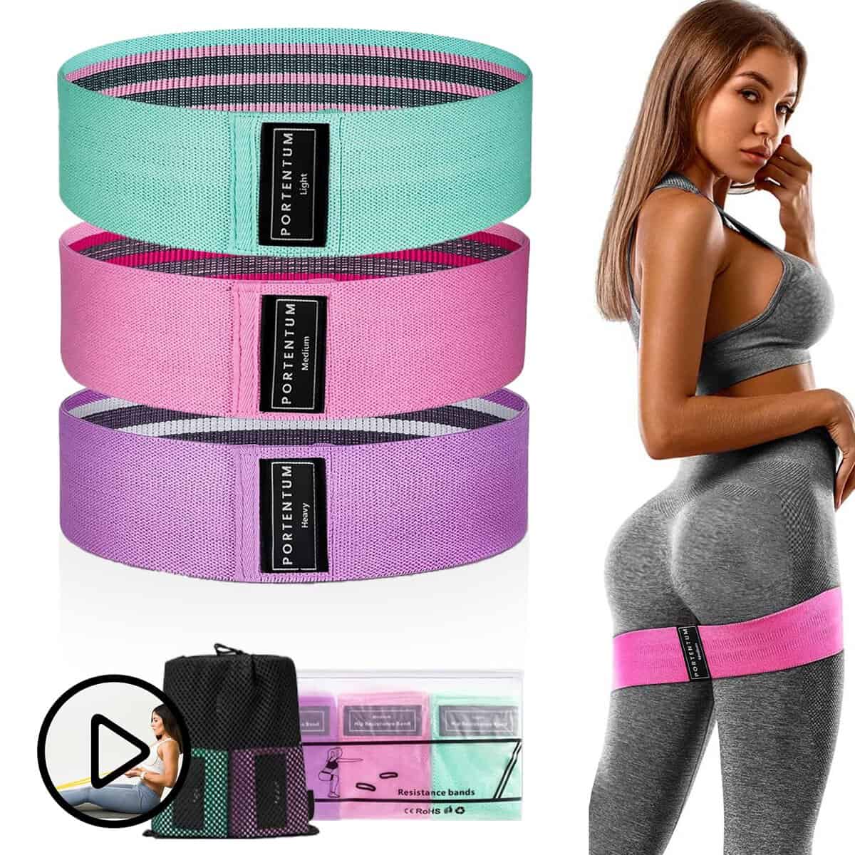 PORTENTUM Elastique Musculation Lot de 3 Bandes Elastiques de Fitness antidérapantes en Tissu, 3 Niveaux de résistance pour Crossfit, Yoga, fessiers et Autres Sports et Sac de Rangement