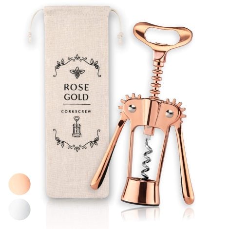 Le Tire-bouchon M. Ollie, en or rose avec sac en lin, est un élégant décapsuleur polyvalent pour vin, prosecco et bière – Le cadeau de vin idéal !