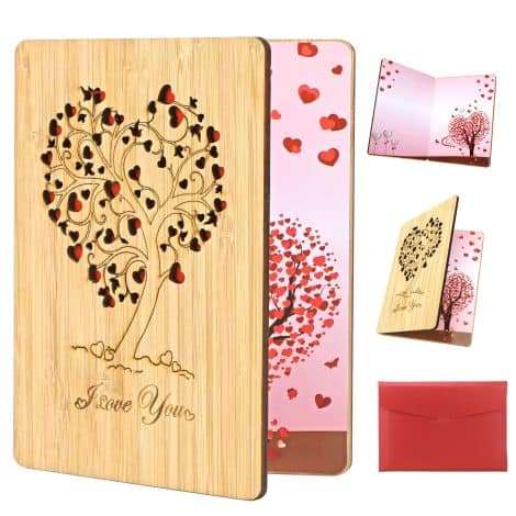 Carte de vœux en bambou, faite à la main, avec enveloppe. Parfaite pour anniversaire, amour, mariage et la Saint-Valentin. Idéale pour Femme, Homme.