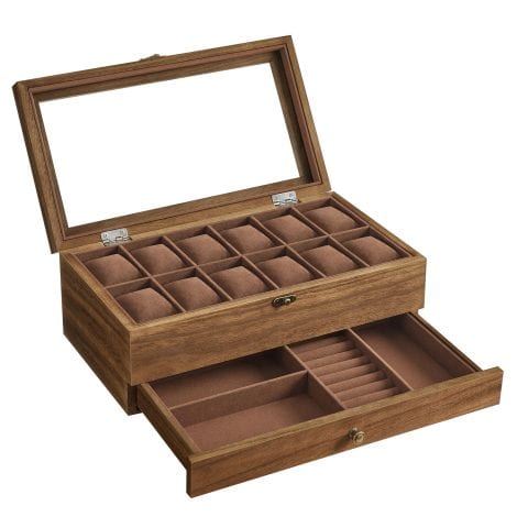 Coffret à montres en bois avec 12 emplacements, verre transparent, doublure en velours, couleur noisette.