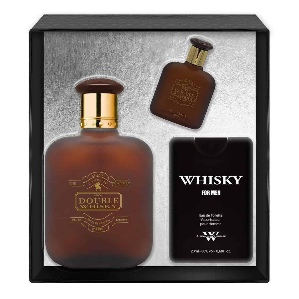 EVAFLORPARIS Double Whisky Coffret pour Homme Eau de Toilette 100 ml + Miniature 7.5 ml + Parfum de Voyage 20 ml Vaporisateur Spray Parfum Homme 127.5 ml