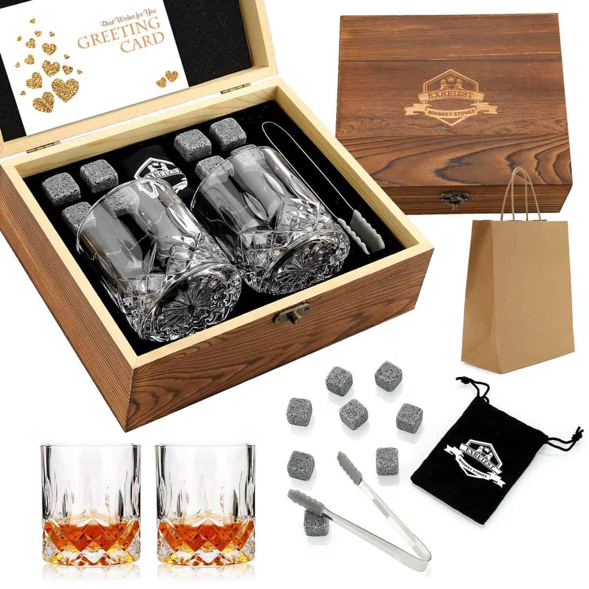 exreizst Coffret Pierres Froides à Whisky dans Une boîte Bois Faite à la Main Cool sans Dilution Lot de 2 Verres à Whisky Cadeau pour Papa Mari Homme (Rectangulaire2)