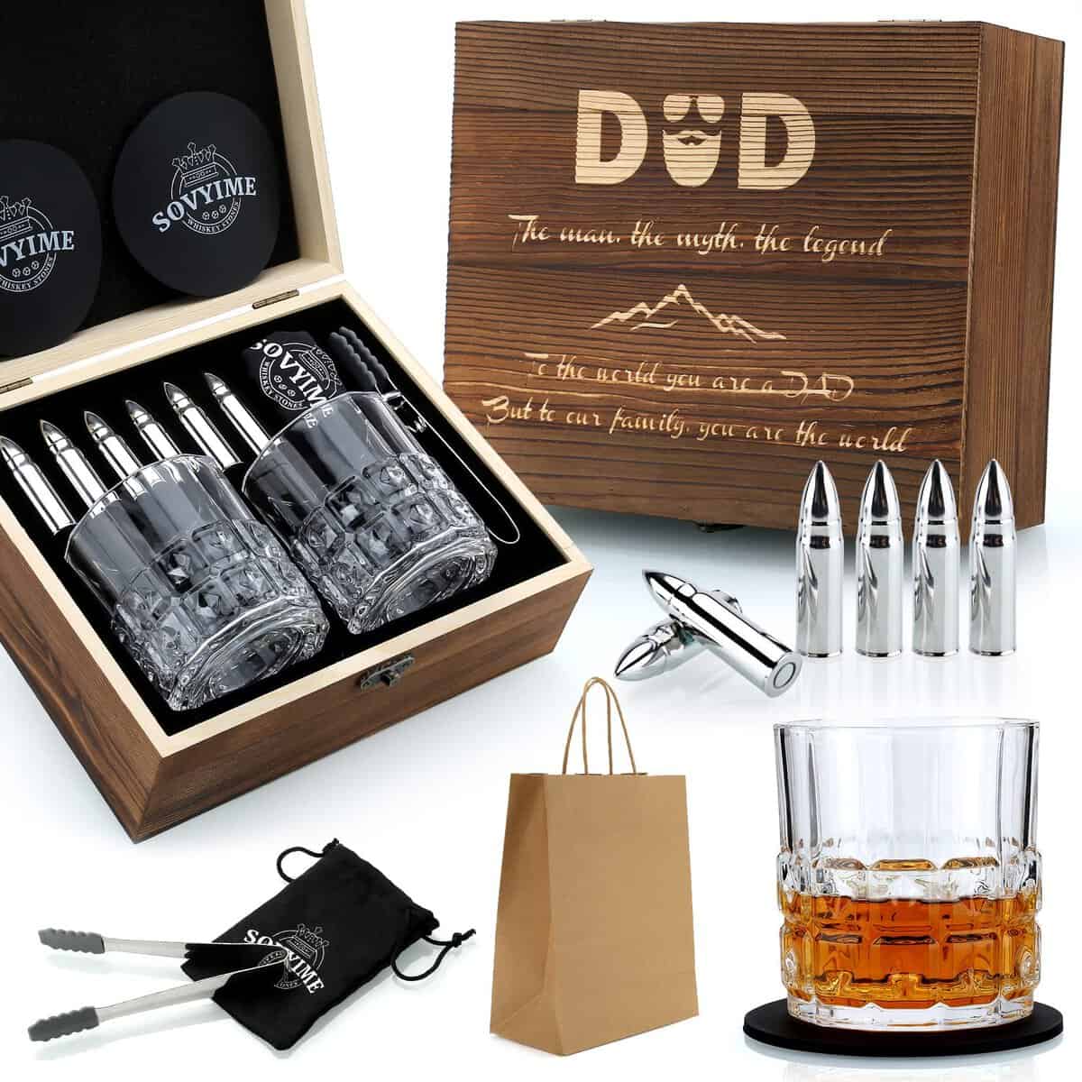 Cadeau Papa Verre a Whisky, Cadeau Anniversaire Papa Coffret Whisky, 2 Verre à Whisky, 8 Pierre a Whisky Glaçons Reutilisables en Acier Inox, Cadeau Fete Des Peres Idee Cadeau Homme Parrain Futur Papa