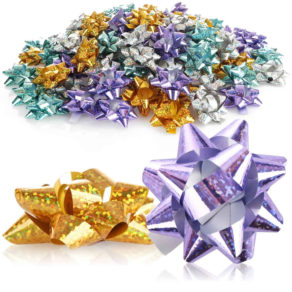 com-four® 100x Nœuds Cadeaux dans de Superbes Couleurs - nœuds prêts à l'emploi Autocollants avec Paillettes - décorer (100 pièces - Paillettes - 4 Couleurs)