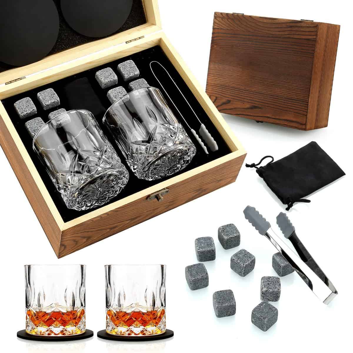 Coffret Cadeau de 2 Verres à Whisky, Pierres à Whisky, Coffret Cadeau pour Homme, Coffret en Bois, Cadeau d'anniversaire pour Papa, Grand-père, Mari, Petit ami, Saint-Valentin, Fête des Pères