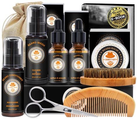 Ensemble complet de soins pour barbe avec conditionneur, shampoing, huile, peigne, brosse, baume, ciseaux, sac, livre électronique. Parfait cadeau masculin.