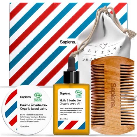 Kit de voyage pour barbe Sapiens – Coffret cadeau homme avec soins naturels pour barbe fabriqués en France – Huile et baume à barbe bio de 30ml, peigne de poche et pochette en tissu.