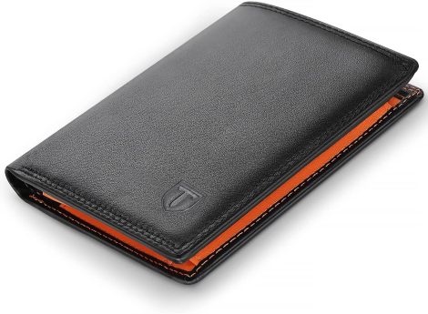 Porte-monnaie en cuir véritable pour homme avec blocage RFID/NFC, 13 porte-cartes et compartiments pratiques. Esthétique et fonctionnel, noir avec orange.